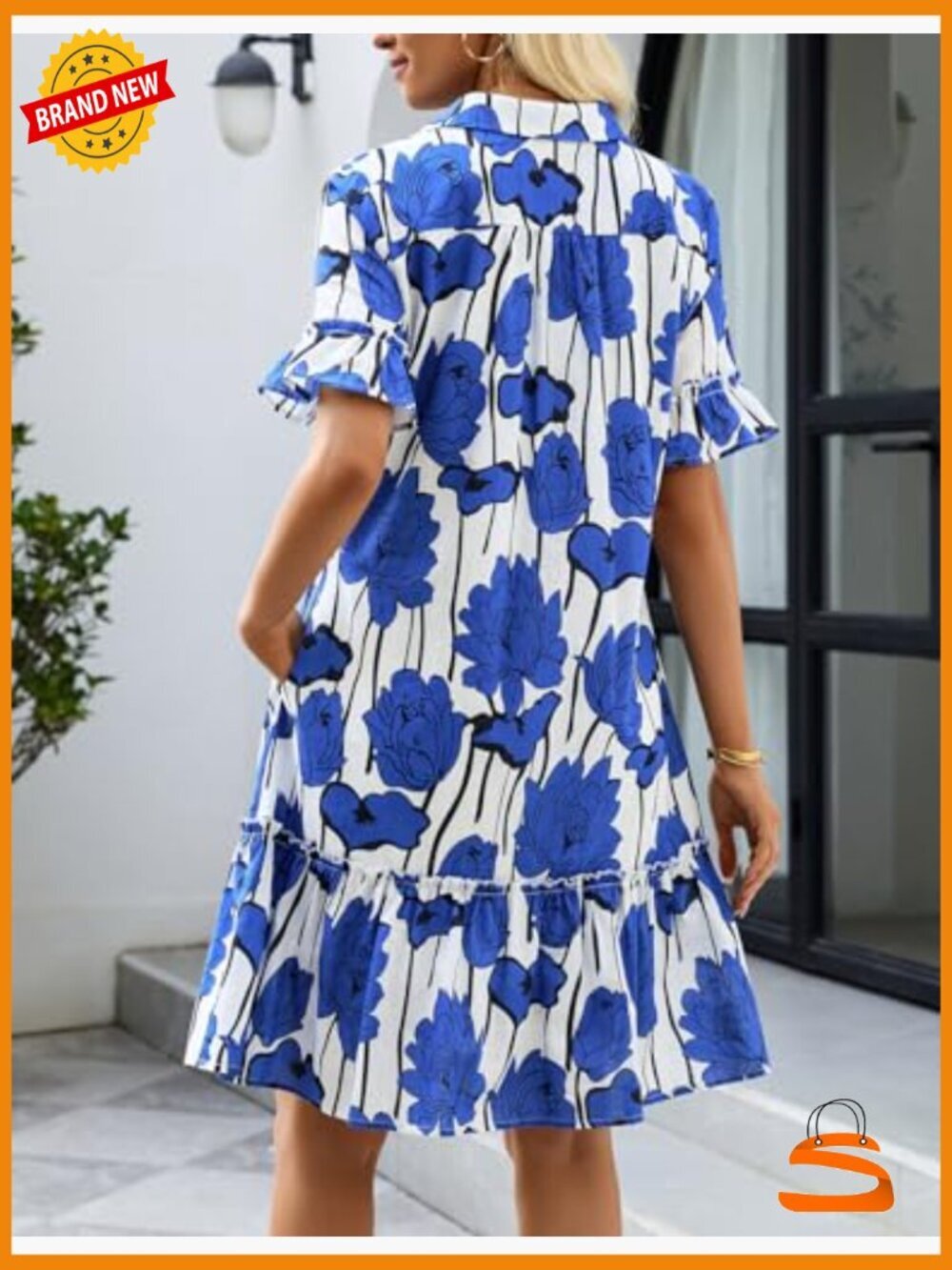 Button Down Ruffle Sleeve Shift Mini Dress with Pockets - Picture 4 of 7